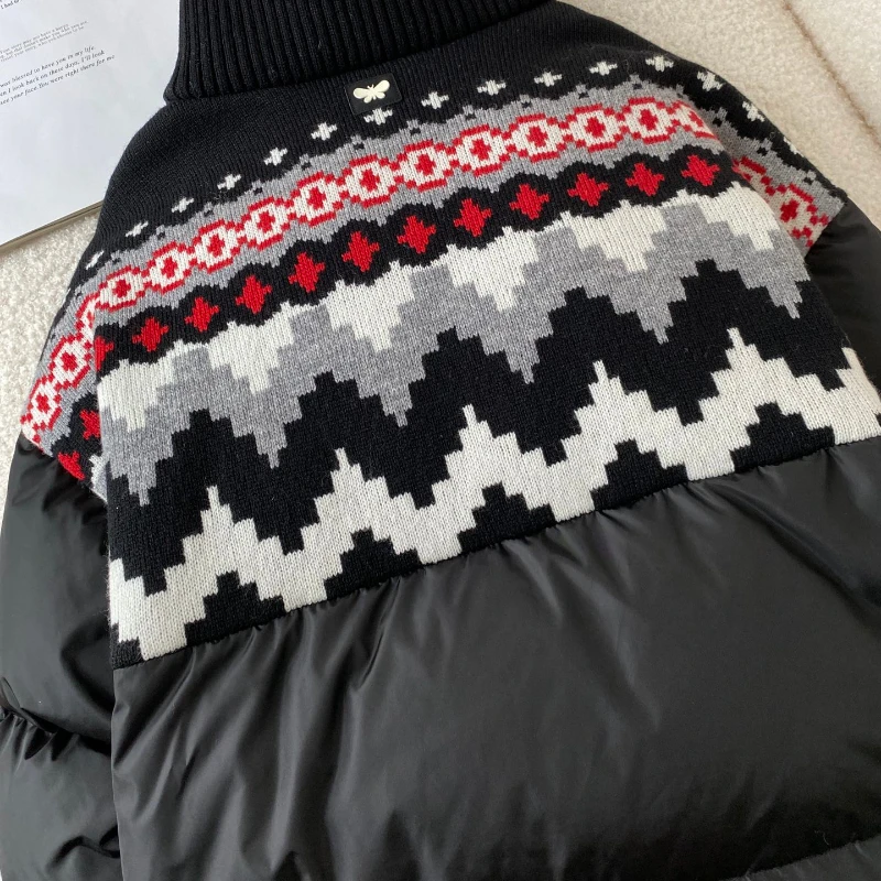 Top Quality 2023 New Winter Black Knitted Collar Geometric Printed Patchwork Puff Down Jacket Coats Women Clothing