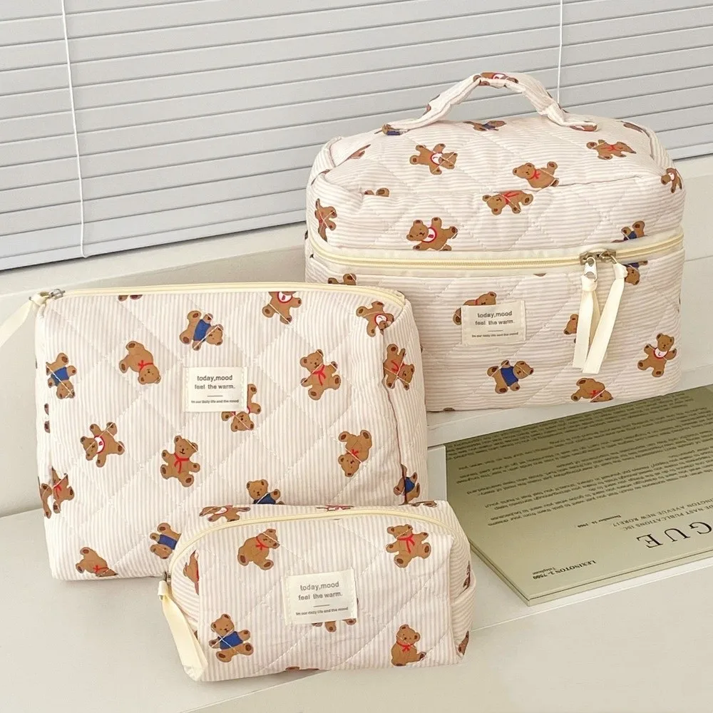 3PCS Multi-Layer Quilted Cotton Makeup Bag Large Capacity Portable Toiletry Pouch Zipper Soft Cartoon Cosmetic Organizer