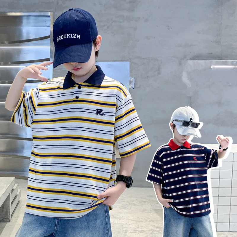 Summer Big Boys Polo Shirts Cotton Tops Tees for Kids Striped Print Polo T-Shirt Children Clothes 5 6 7 8 9 10 11 12 13 14 Years