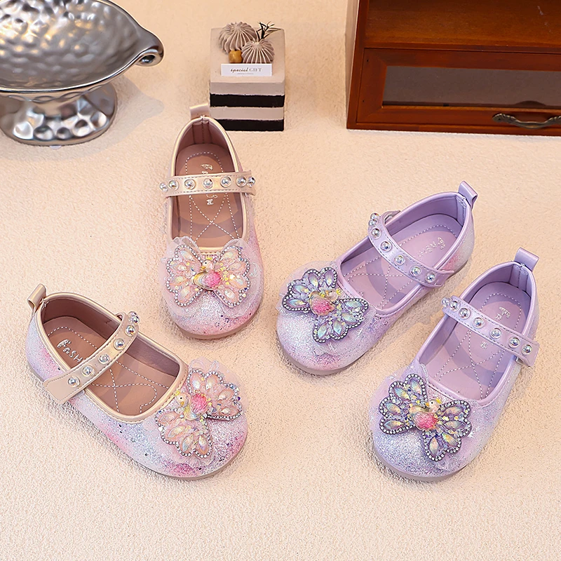 Mädchen Mary Jane Prinzessinnen-Flats, Kleinkind Glitzer-Farbverlauf-Kleiderschuhe mit Strass-Schmetterling, Funkelnde Party-Hochzeitsschuhe für Mädchen – Detail 4