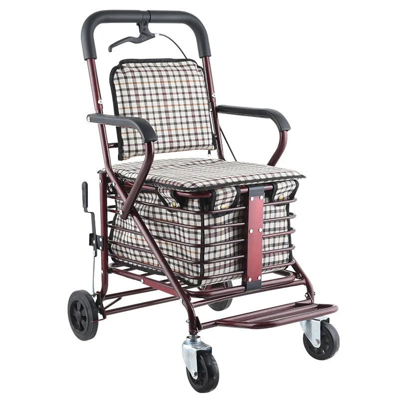 Elderly scooter four-wheel grocery shopping seat folding walker elderly hand push shopping cart