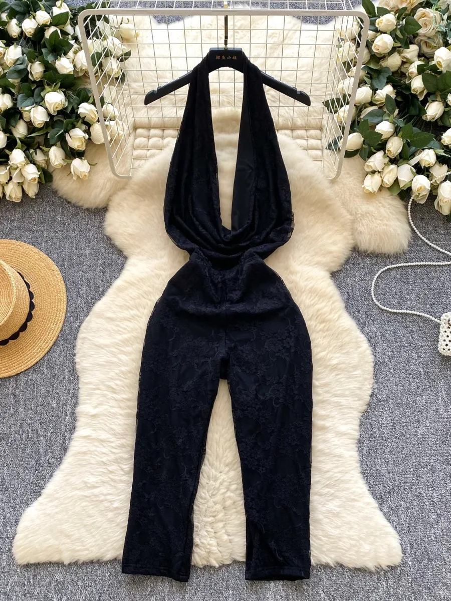 Foamlina 2025 ฤดูร้อนสาวเซ็กซี่ร้อน Cowl คอ Halter สายคล้องลูกไม้กางเกง Jumpsuit ยุโรป High Street ร้อนผู้หญิง bodysuit