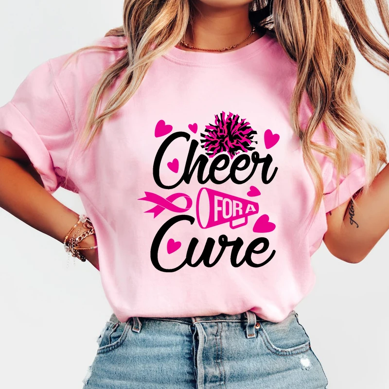 

Breast Cancer Awareness Cheer For A Cure Printing T Shirt Men/Women Tops Tees Summer Cool Loose Short Sleeve