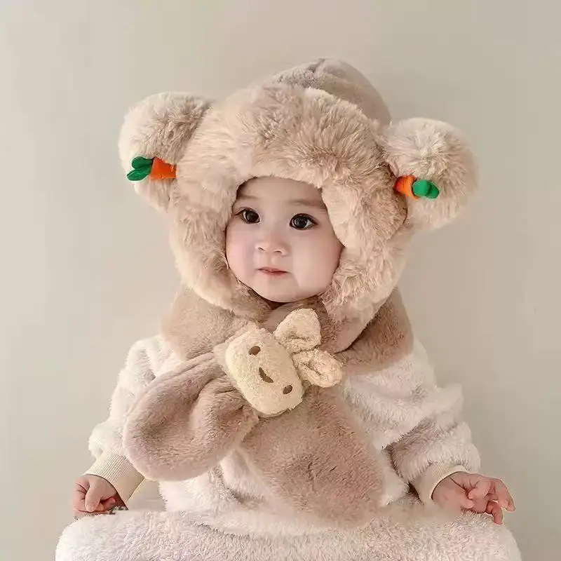 

Kids Plush Hat And Scarf In One Teddy Bear Style Thickened Windproof For Boys Girls Cold Weather