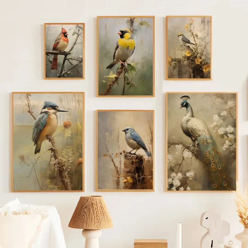 Vintage Fall Woodland Birds Peacock Chickadee Kingfisher Nature Canvas Painting Posters Prints Wall Picture for Room Home Decor