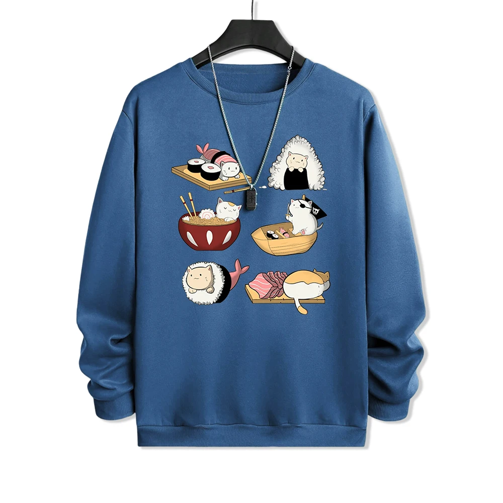 Cute Funny Sushi Cat Prints Clothes Male Simplicity Loose Hoody Street Crewneck Sweatshirt Autumn Fleece Loose Men Hoodie