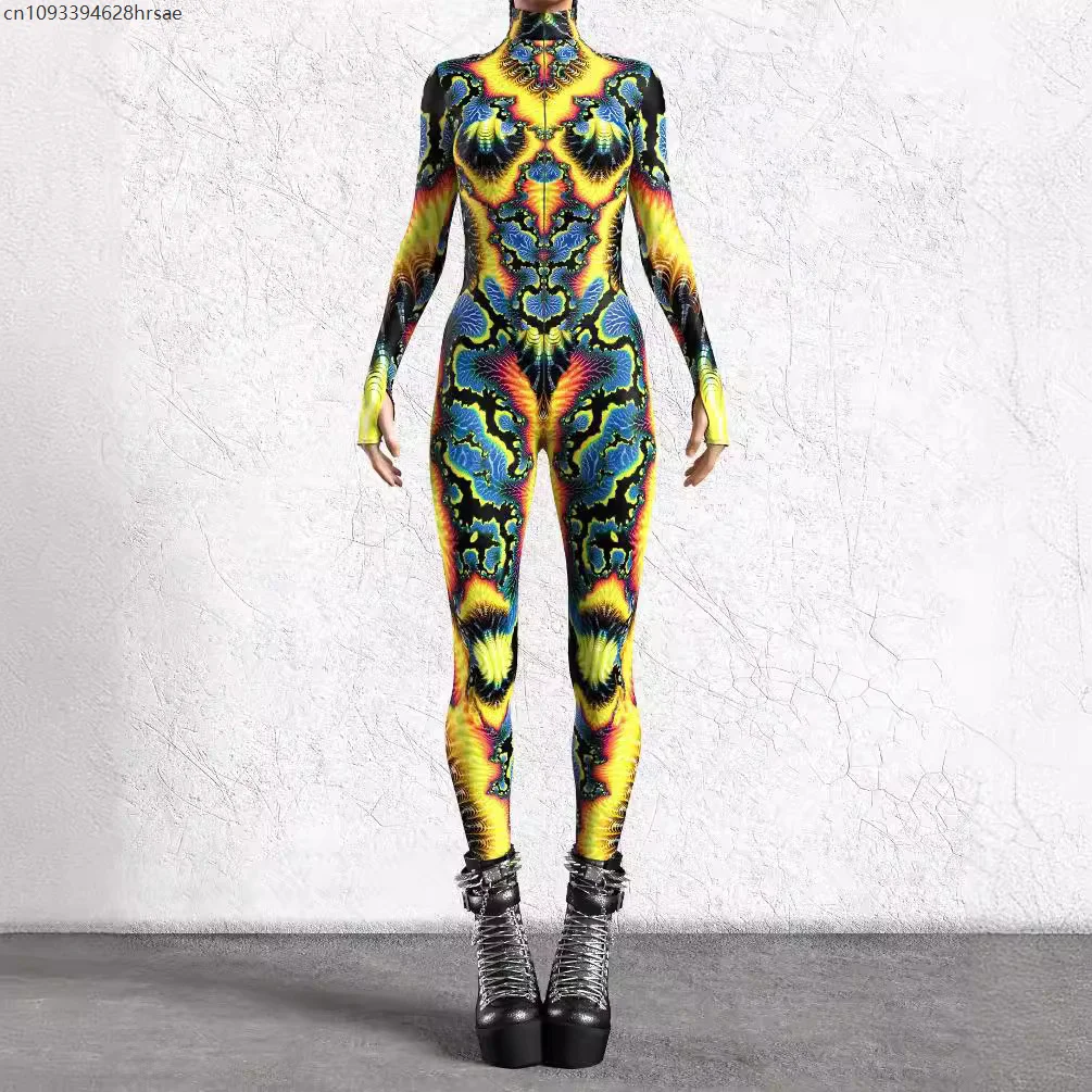 

OA Halloween Cyber Punk Jumpsuit 3D Digital Printing Irregular Lines Adults Cosplay Bodysuit Carnival Party Unisex Catsuit