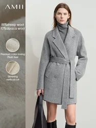 AMII Minimalism Alpaca SheepWool Woolen Coat for Women with Belt 2024 Winter New Lapel Collar Double-breasted Overcoat 12454031