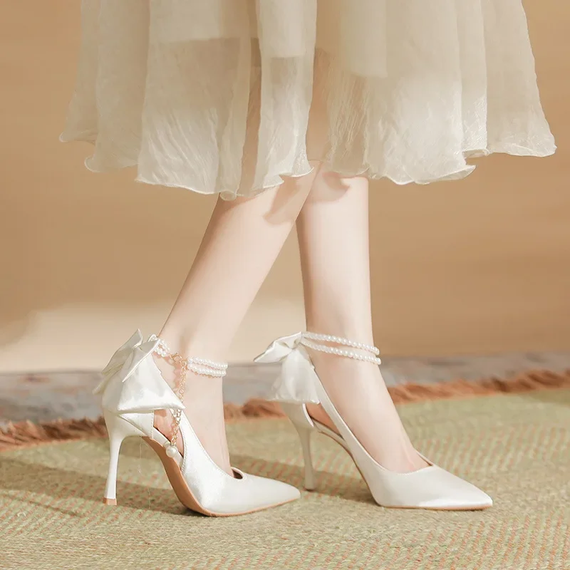 

Размер 30–44, атласные туфли, женские повседневные белые свадебные туфли для подружки невесты, модельные туфли на высоком каблуке-шпильке
