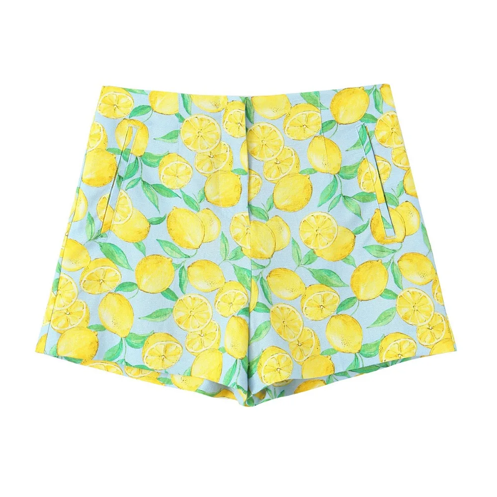 Traf Zr Mode Klassieke Zomer Shorts Sets Voor Dames 2-delige Set Aan De Voorkant Vastgebonden Knoop Cropped Top + Hoge Taille Fruit Print Shorts