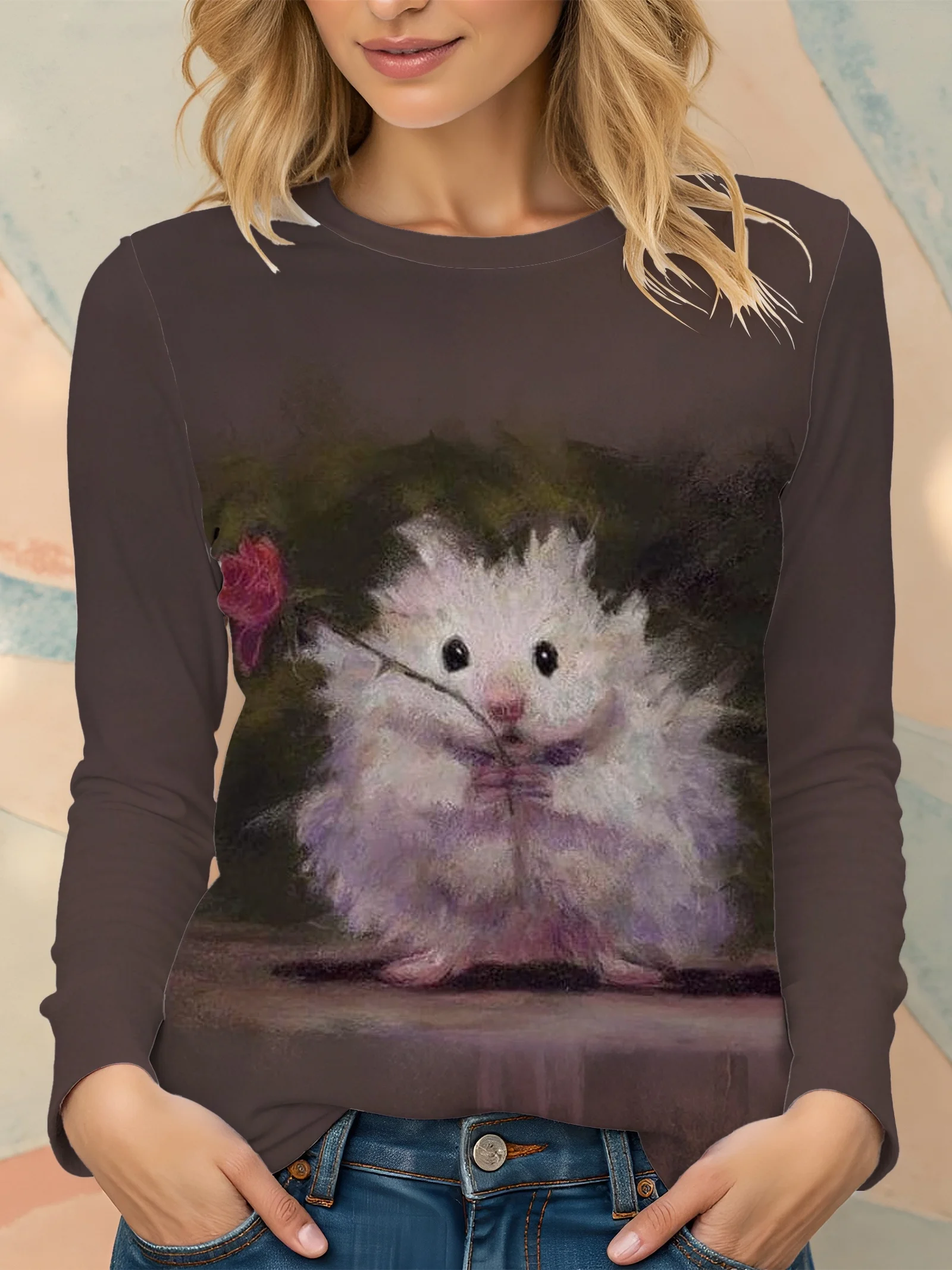 Women Long Sleeve Top Cute Hamster Rose Animal Print Crew Neck Autumn Festival Gift Casual Daily Wear Women's Clothes - view 3