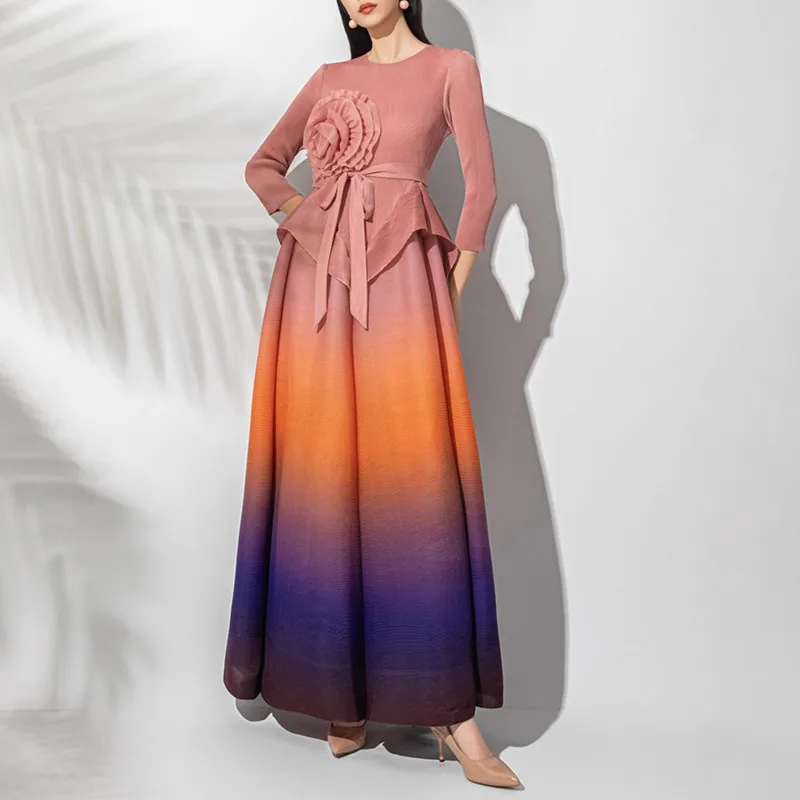 YFPF أنيقة التدرج فستان طويل المرأة مياكي مطوي ثلاثية الأبعاد زهرة تقسم الدانتيل متابعة تجمع الخصر فساتين الحفلات موضة 2026 جديد