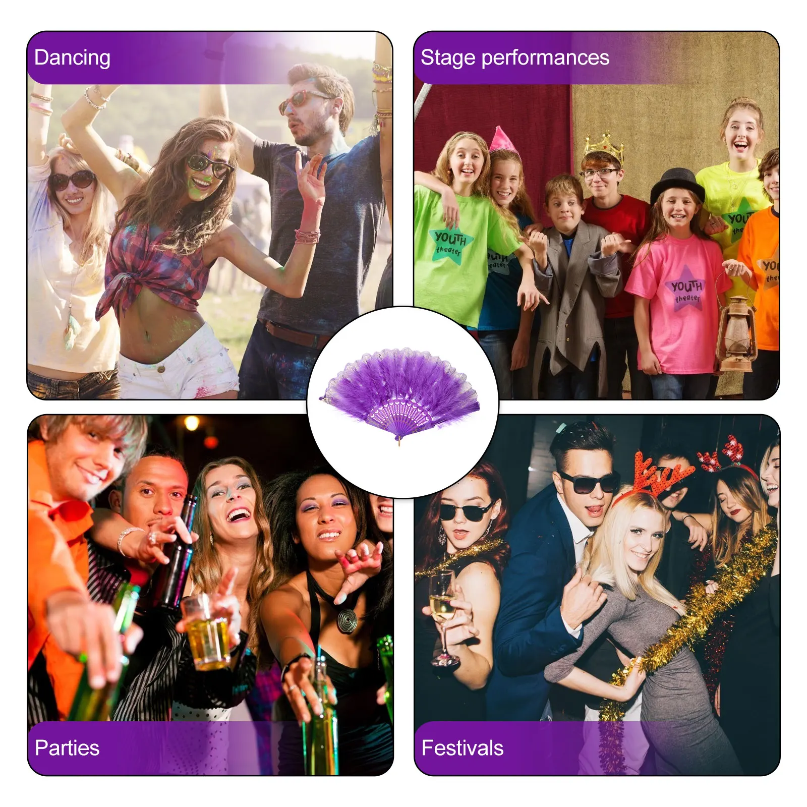 

Retro H held Fan Purple Dance Performance Foldable Vintage Plume Props Design Costumes Wall