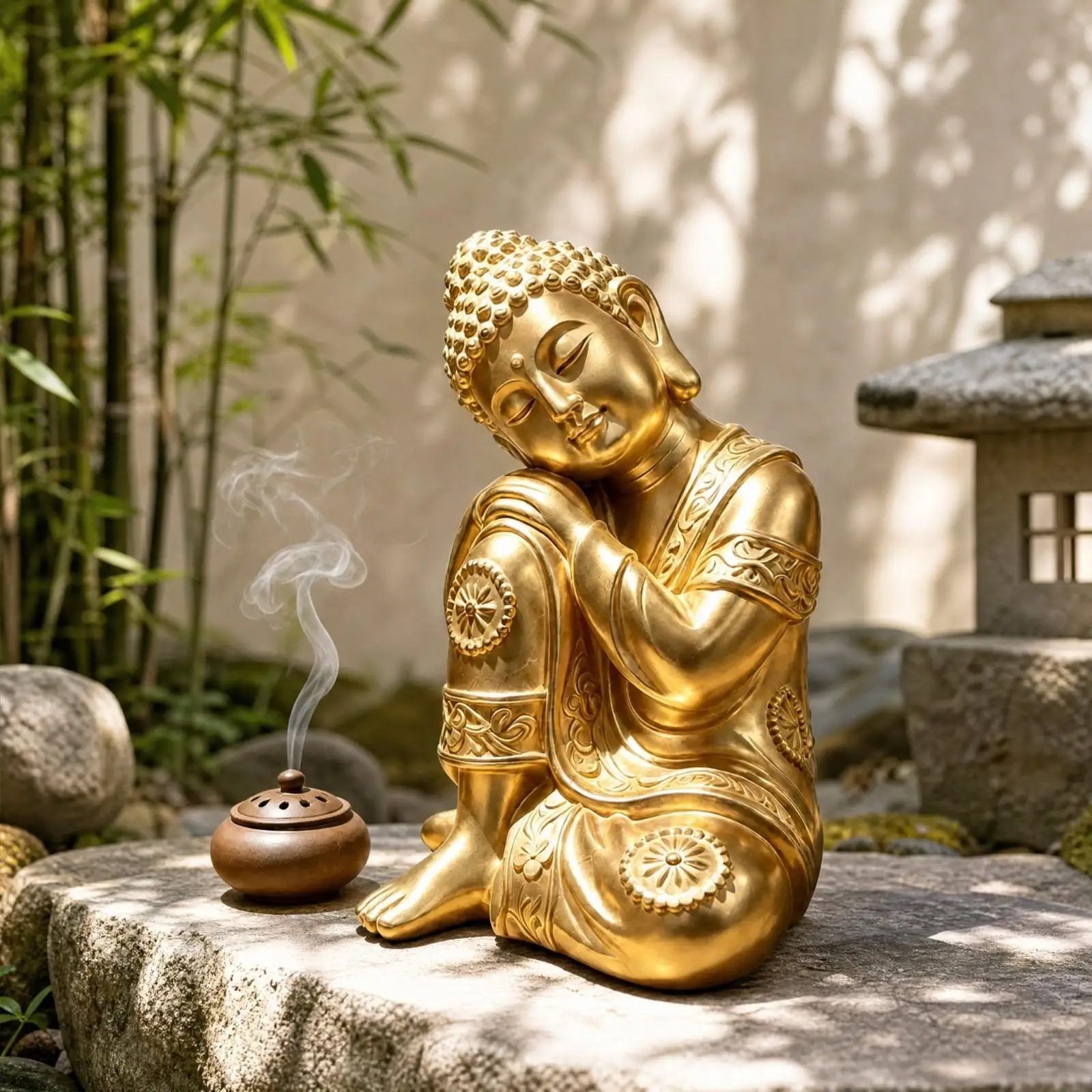 Seated Contemplative Buddha Sculpture Tranquil Buddha Statue with Floral Scrollwork Details Peaceful Freestanding Art Piece for