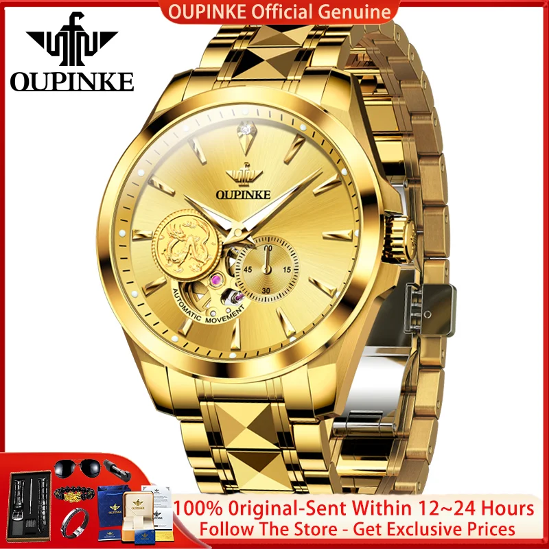 

Мужские часы OUPINKE 3260 с импортным механизмом, автоматические, с сапфировым стеклом, с ажурным изображением дракона, из вольфрамовой стали