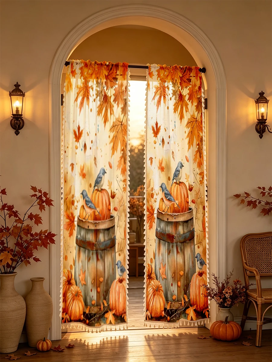 1PC Thanksgiving Fall Tassel Sheer Curtains, Bluebird Barrel Pumpkin Maple, Digital Print, Polyester, Bedroom Decor Rod Pocket