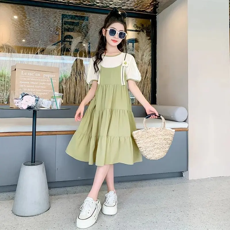 

Girls' Summer Stylish Artistic Fake Two-Piece Long Dress New Style for Older Children Patchwork Dress Long Dress