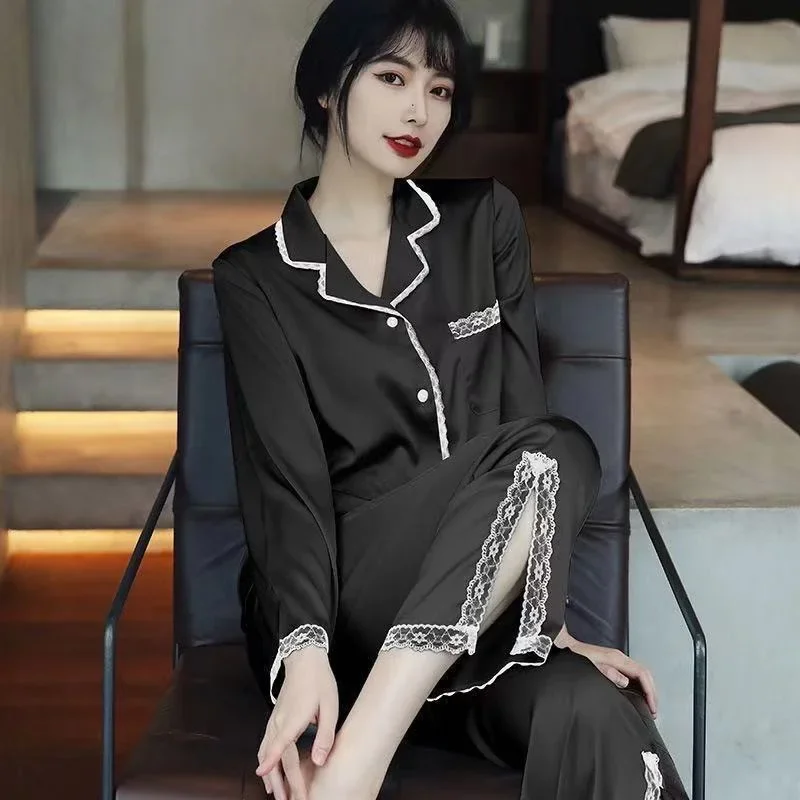 2023 New Spring Ice Silk Pajamas Women's Suits Long-Sleeved Trousers Thin Loose Sexy Pajamas Set Home Service Lace 2-piece
