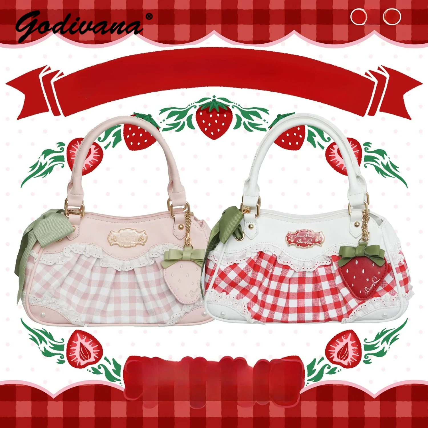 Strawberry Handbag Female Girls Sweet Plaid Stitching Lolita Crossbody Bag Cute Bow Small Tote Bags