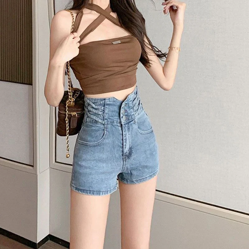 Summer Female Thin Solid Color Jeans Women High Waist Slim Fit Versatile Denim Shorts Girls Daily Casual Commute Shorts