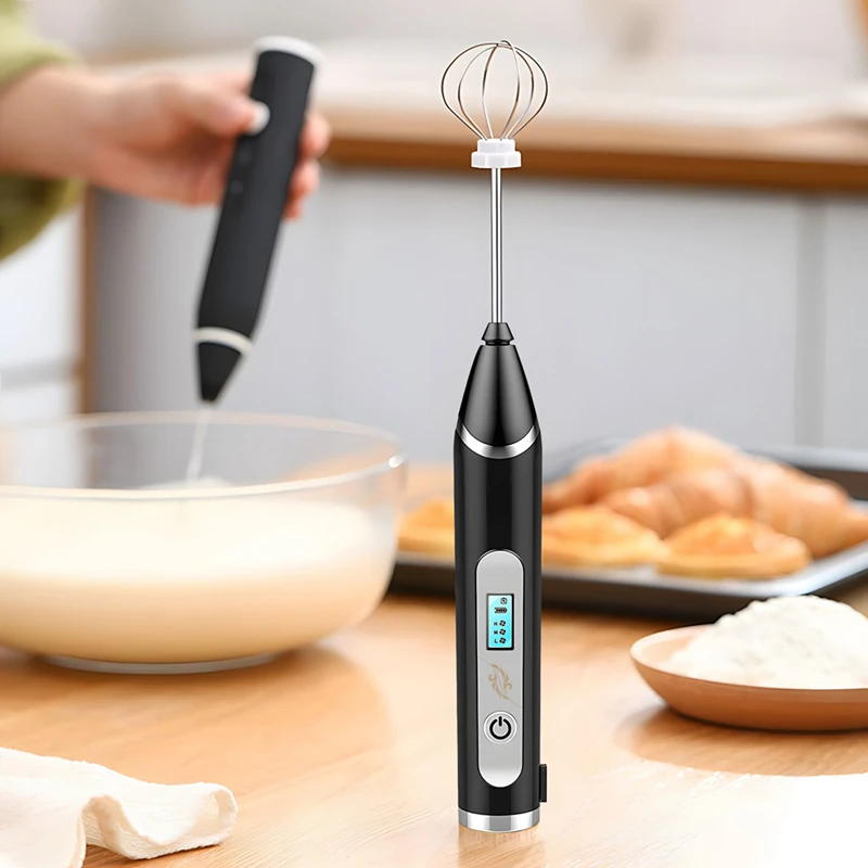 

A57X-Milk Frother, USB Rechargeable LCD Hand Mixer With 3 Stainless Steel Whisk, 3 Speeds Handheld Frother Whisk, Electric