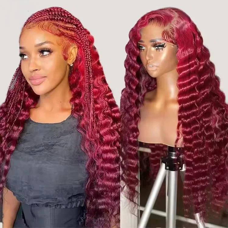 MDL 100% Remy Human Hair 13x4 HD Lace Front Frontal Wig for Women Pre Pulcked Deep Wave 99J Burgundy