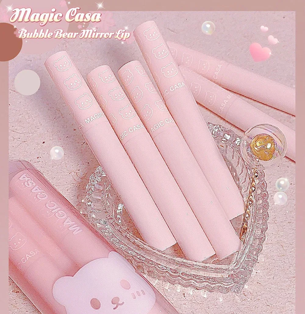 Water Mirror Lipstick Kit Moisturizing Lasting Non-stick Cup Lip Glaze Bubble Bear Liquid Lipsticks Women Lip Korean Makeup Sets