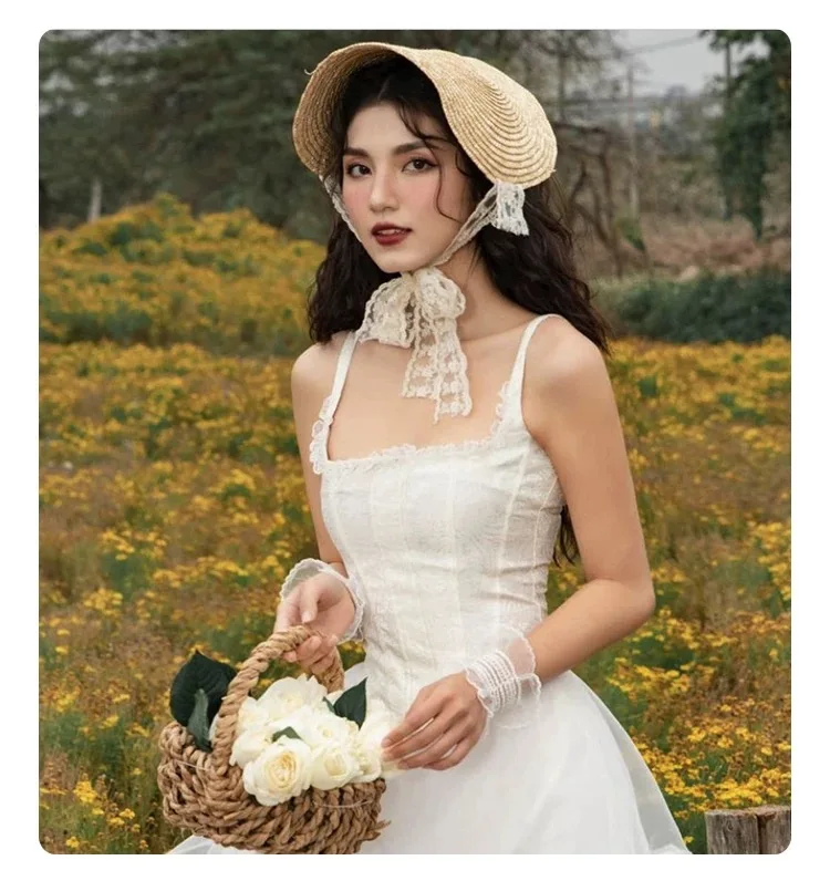 New One Piece French Elegant Strap Natural Straw Fadora Hat For Woman Summer Vintage Photo Runway Vacation Hat With Black Ribbon