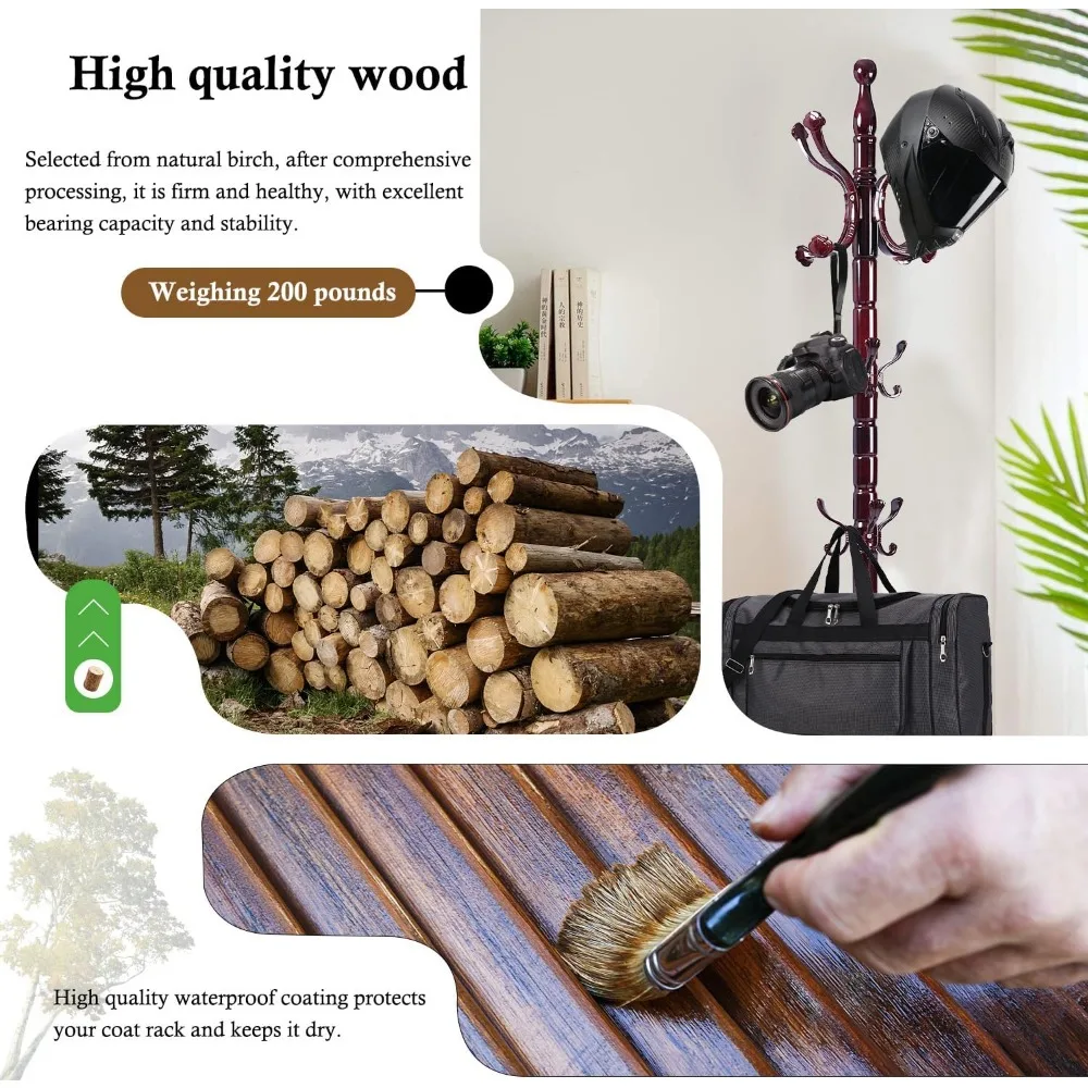 شجرة معطف خشبية صلبة شديدة التحمل مع 14 خطافًا، رف قائم بذاته بقاعدة قوية، لمسة نهائية من خشب البتولا الطبيعي لتخزين المدخل #3