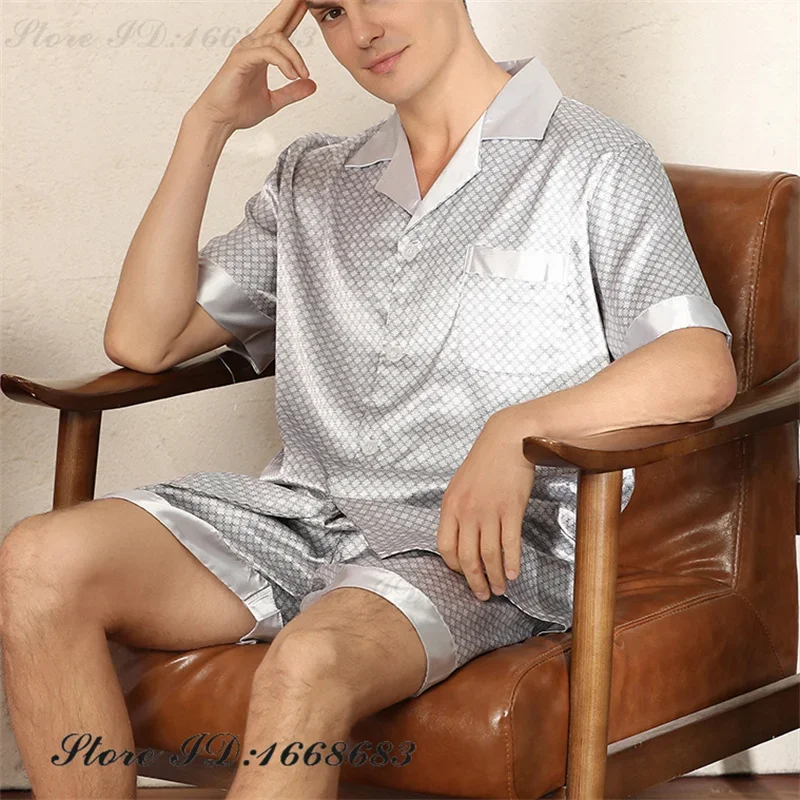 Hommes Pyjamas ensemble à manches courtes Shorts Pijamas deux pièces ensemble été nouveaux vêtements de nuit pour hommes vêtements de maison ample imprimé Satin vêtements de détente