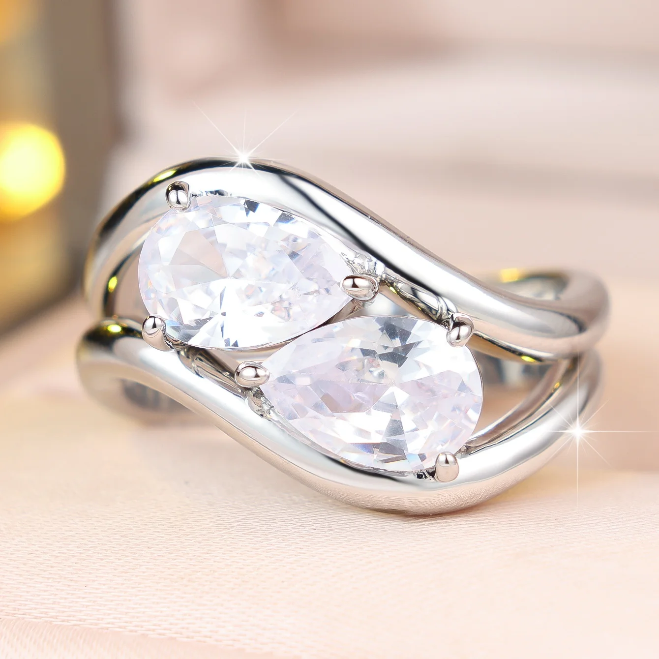 Cute Female White Water Drop Zircon Stone Ring Set Vintage Silver Color Bridal Wedding Engagement Jewelry For Women