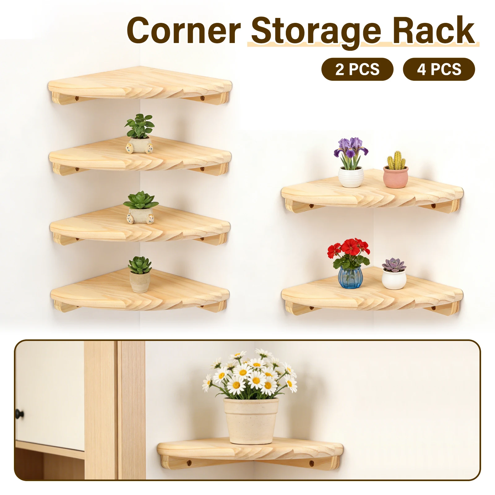 2/4Pcs Wall Mounted Corner Shelf Wooden Scalloped Floating Display Rack with Screw Decorative Corner Storage Rack for Home Study