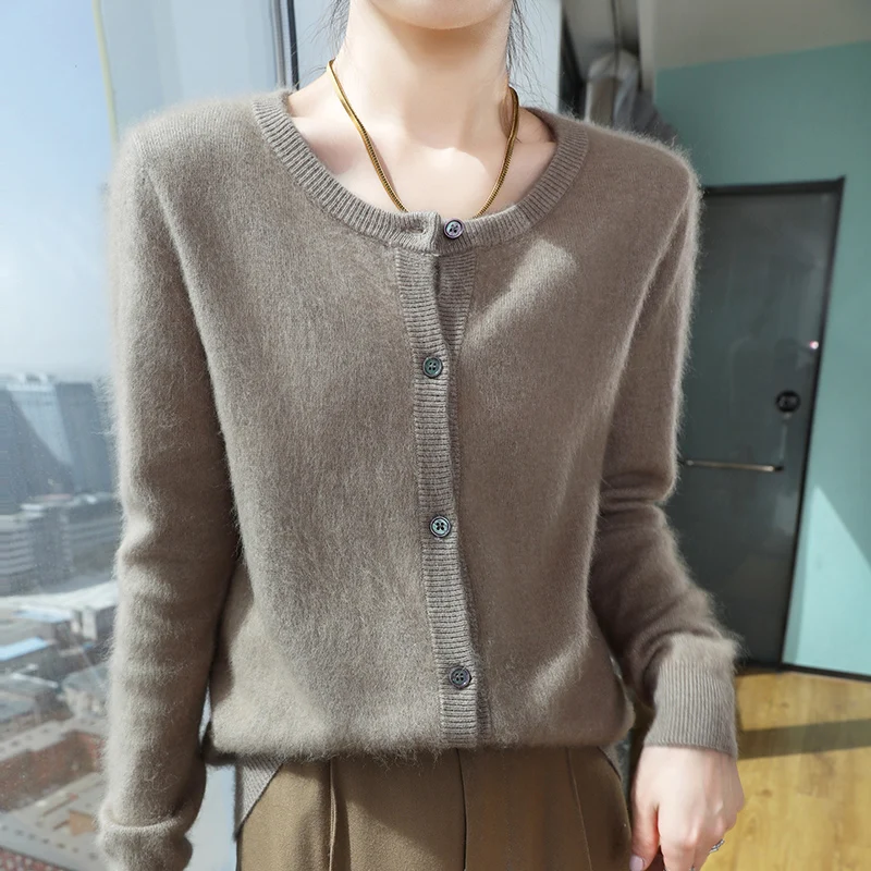 New 2024 Women's O-neck Cardigan Sweater 100% mink cashmere Knitted Fashion Short Women's Long sleeved Sweater Multicolor