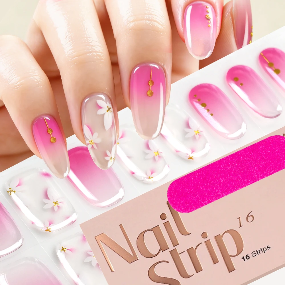 16Tips Pink Gradient Flower Semi-Cured Gel Nail Wraps 3D White Cherry Blossom Gold Dot Design UV Nail Polish Strips Nail Sticker