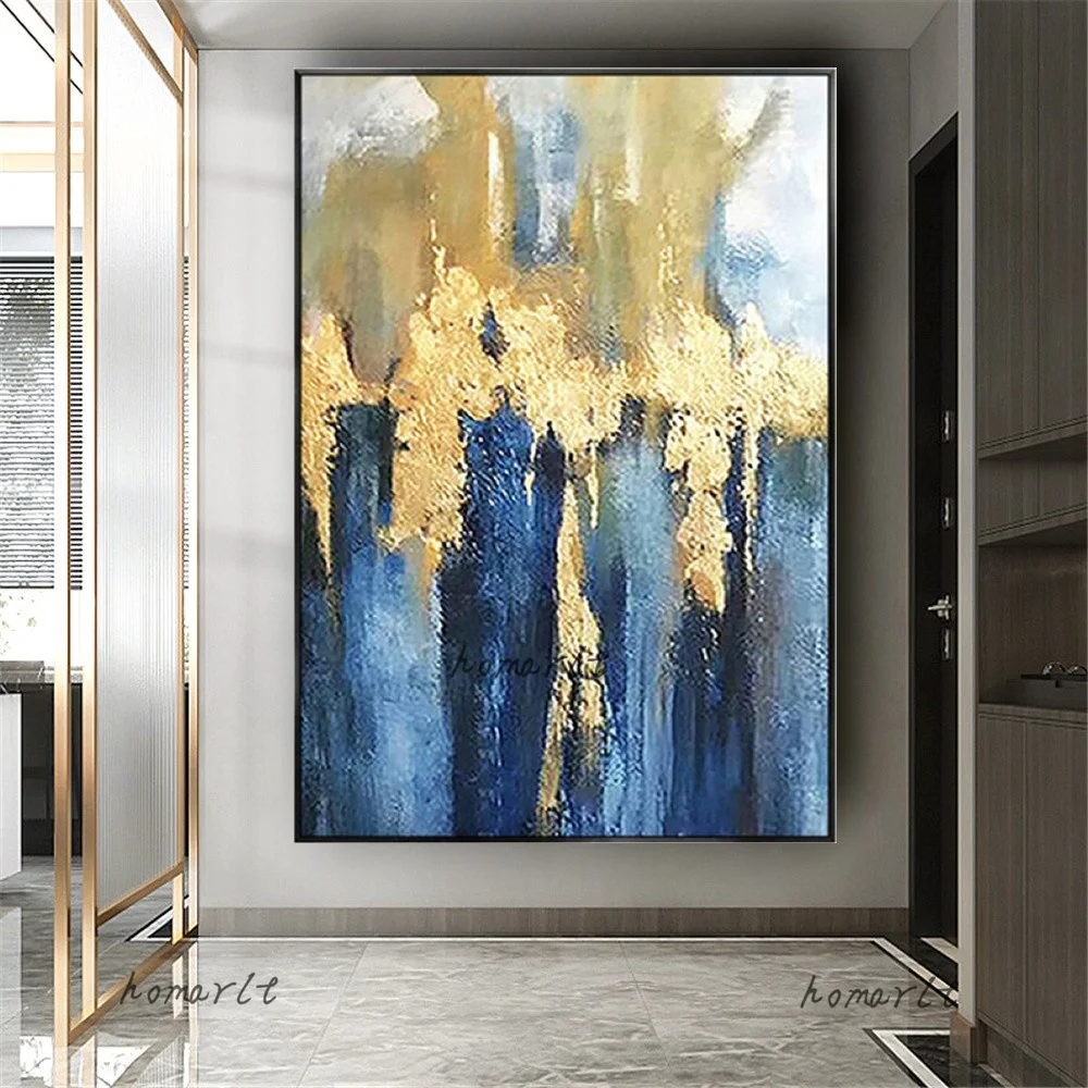 

Handmade Abstract Oil Painting Large Wall Art Picture Gold Blue Canvas Poster Hand-Painted Modern Drawing For Living Room Decor