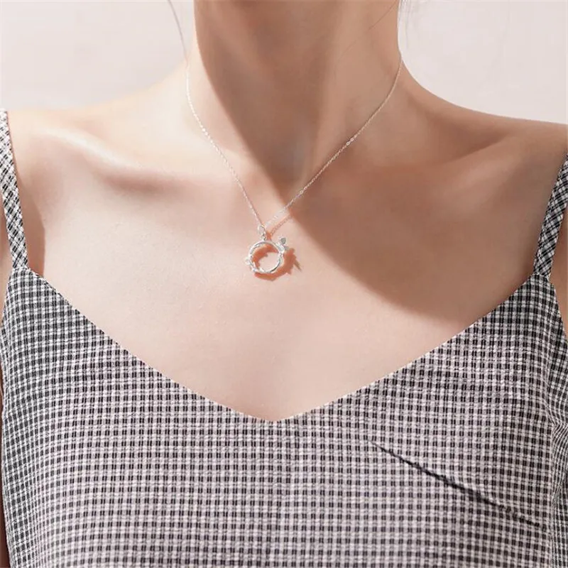

New Creative Flower 925 Sterling Silver Fashion Jewelry Sweet Butterfly Simple Round Branch Pendant Necklaces HZX416