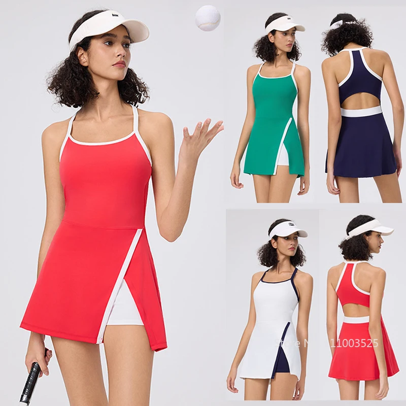 

2025 Backless Hollow Sports Dress Women Sleeveless Sling Yoga Skirt with Inner Short Ladies Split Fitness Tennis Dress Golf Wear
