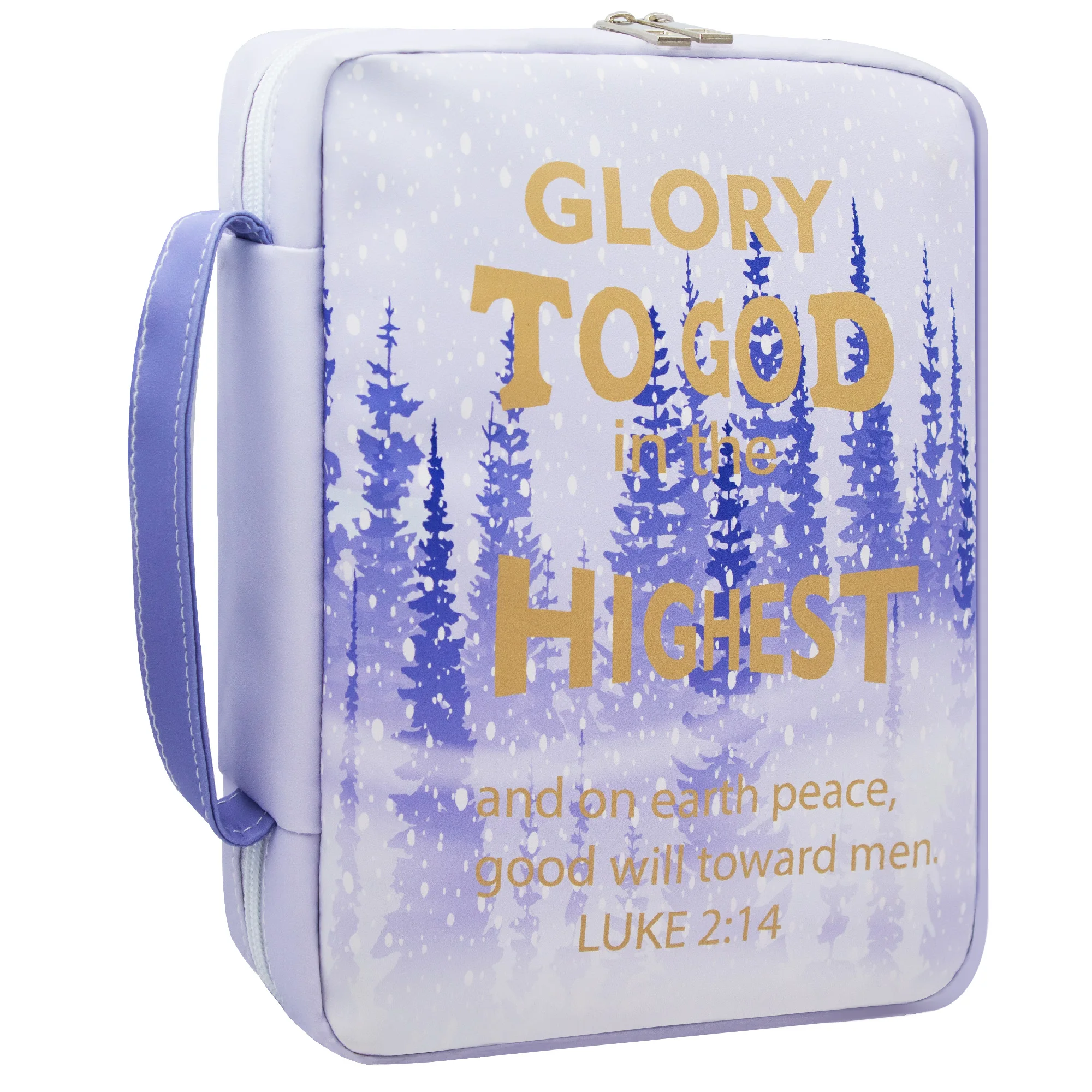 

Glory to God Bible Cover with Scripture Luke 2:14 | Purple Leather Holy Bible Case with Handle | Christian Christmas Gift