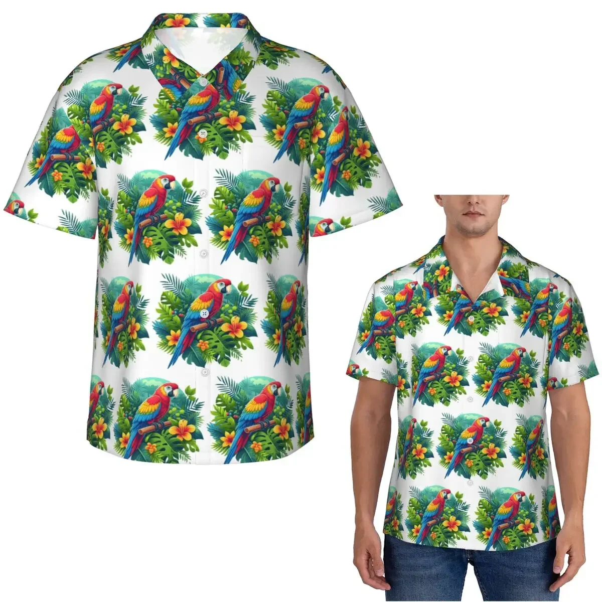 Colorful Tropical Parrot With Flowers Print Hawaiian Shirts Casual Men Short Sleeve Shirt for Summer Beach Men's Button Tops