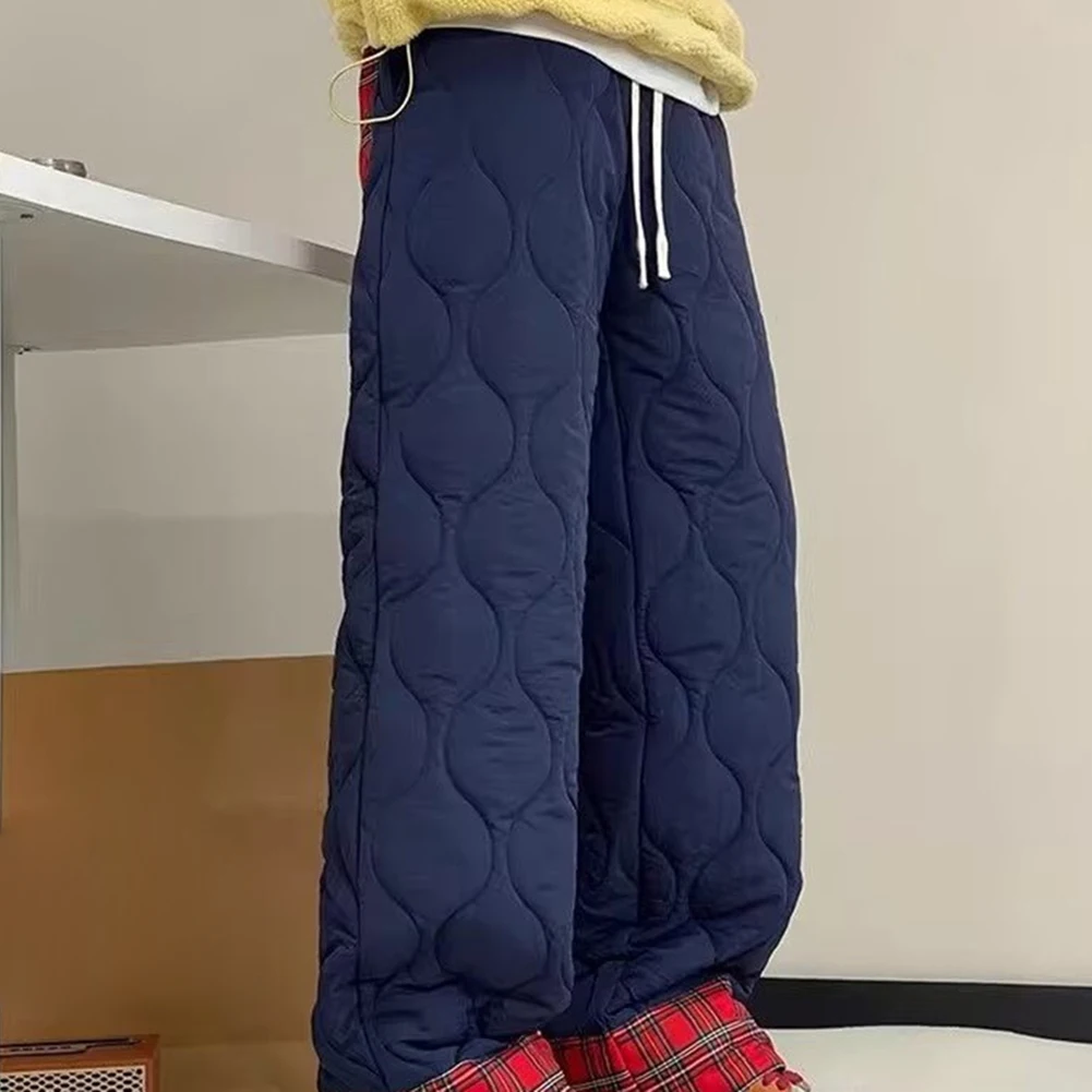 หลวมขนแกะเรียงรายกางเกงผ้าฝ้ายฤดูหนาวสําหรับผู้หญิงเอวสูงหนาขนแกะอบอุ่นหลวมกางเกงขาตรงสําหรับฤดูหนาวฤดูใบไม้ร่วง