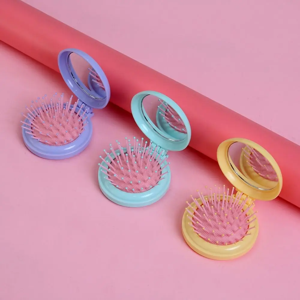 Durable Morandi Color Round Folding Comb with Mirror Anti Static Bow Air Cushion Comb Crown Compact Pocket Hair Brush Girl