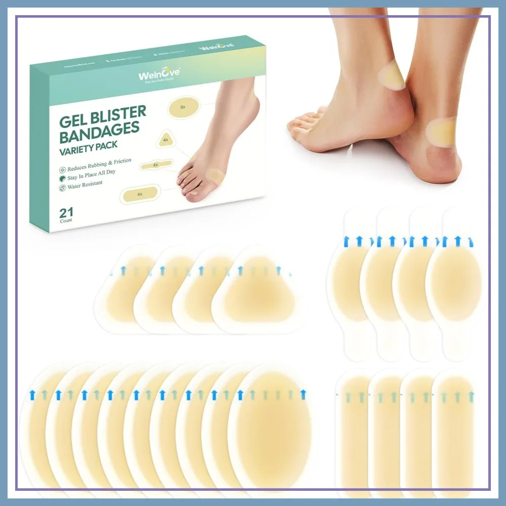 

Gel Blister Bandages for Feet - 21ct Hydrocolloid Cushion for Heel & Toe - Water-Resistant Pads for Prevention & Recovery