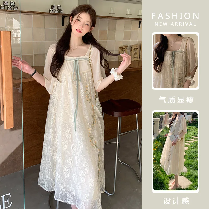 Plus Size Maternity Lace Dress Summer Short Flare Sleeve Square Collar Long Loose Pregnant Woman Dress Chinese Style Cheongsam