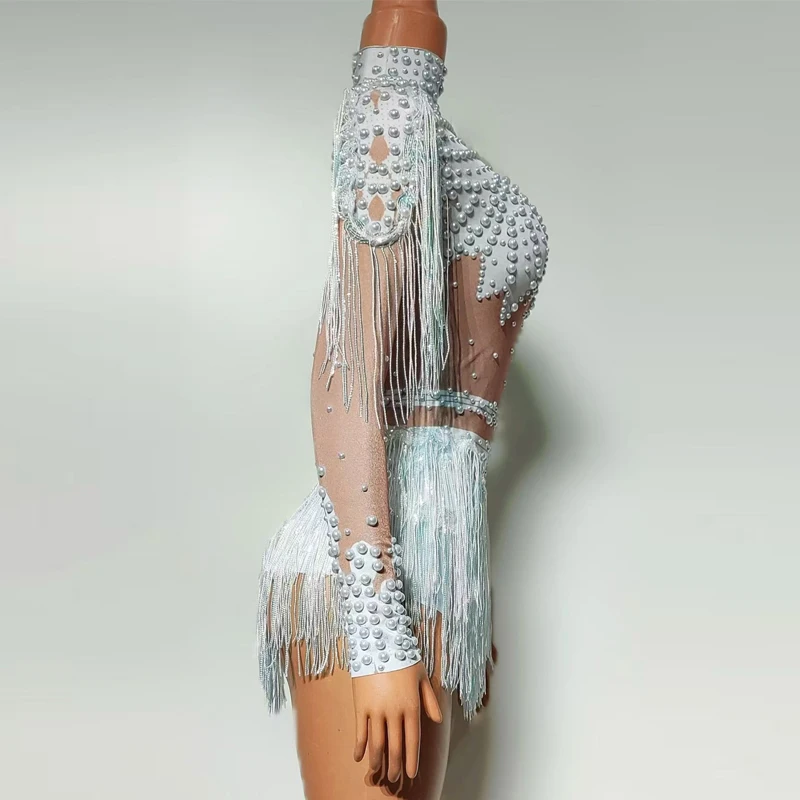 Sexy Pole Dance Clothing Women White Pearls Fringed Bodsyuit Bar Dj Ds Gogo Costume Drag Queen Outfit Stage Party Wear XS9577