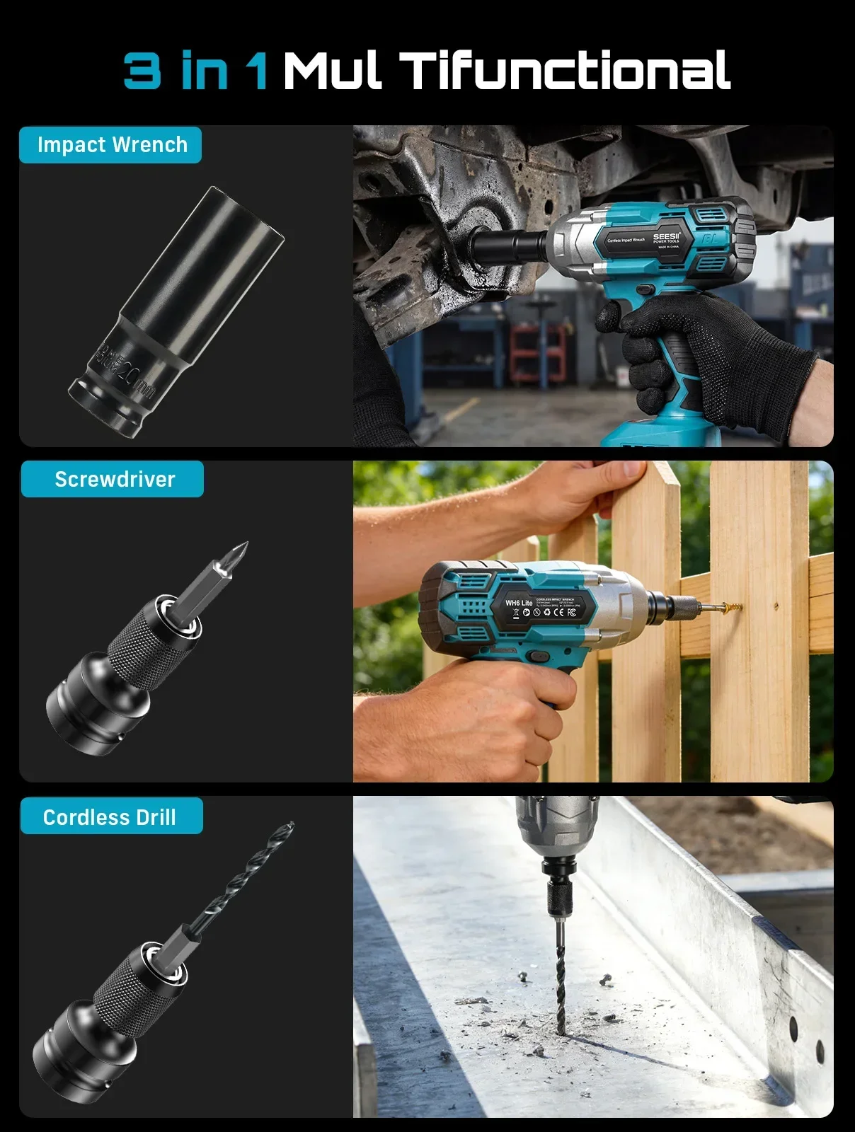 SEESII WH6-Lite 3-in-1 650N.m Cordless Impact Wrench & Electric Drill & Screwdriver 1/2" Brushless Impact Gun Kit with 2*4.0ah Batteries LED Light  for Car Home
