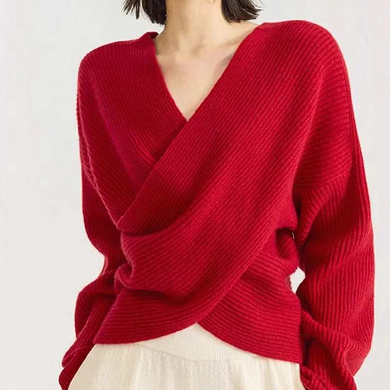 

Вязаный свитер с перекрестным v-образным вырезом и рукавами-фонариками для женщин, весенне-осенний новый красный топ с внутренней нижней частью