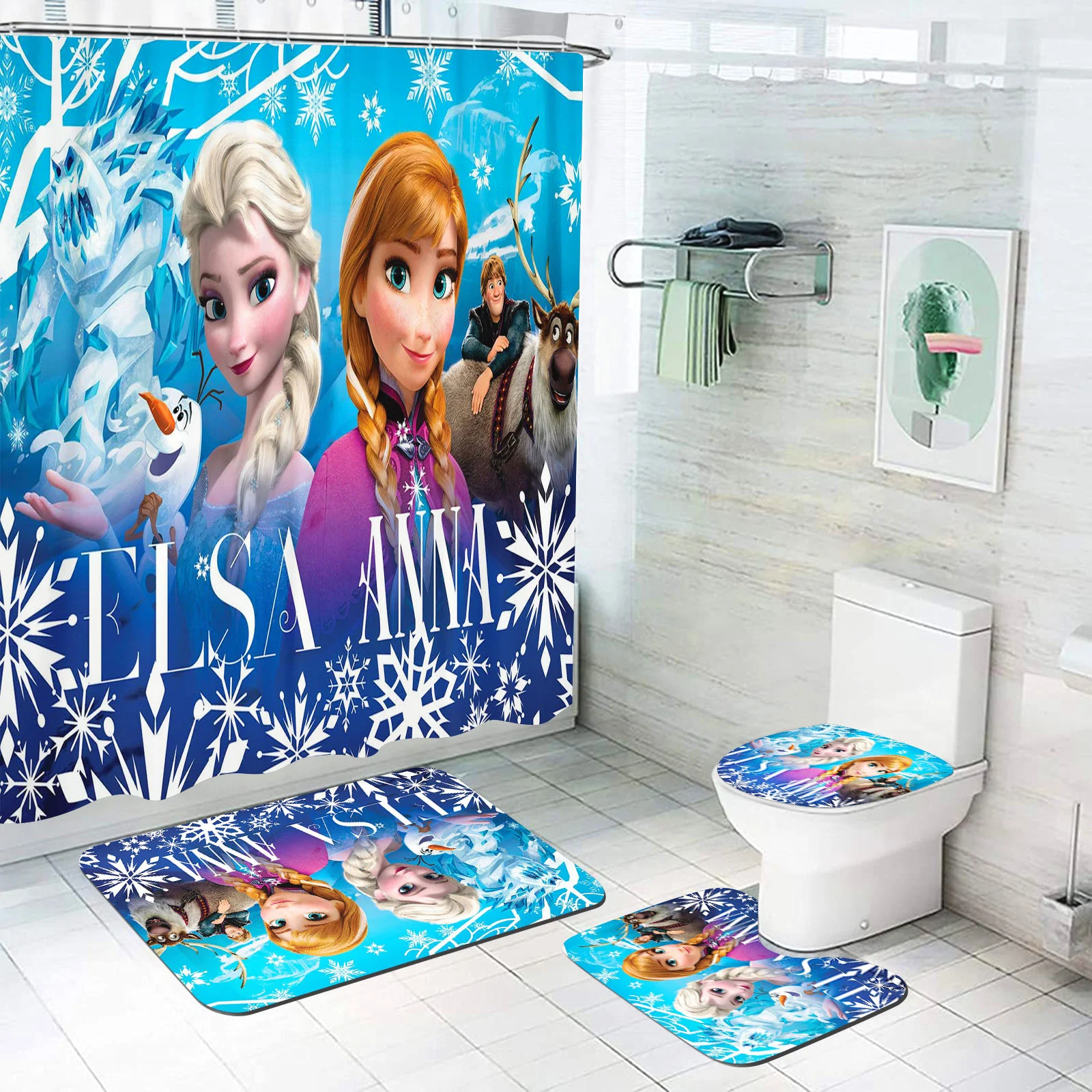 Frozen, Elsa, Princess Aina Bathroom Accessories Shower Curtain Anime 4 Piece Set Mats And Curtains Home Anime