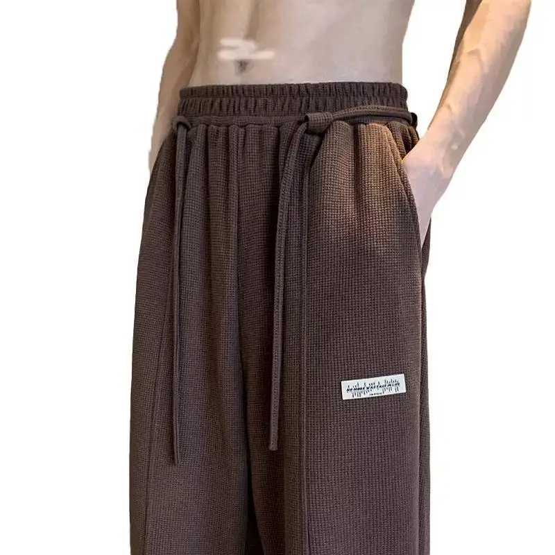 Waffle calças casuais para homens no verão fino pendurado perna larga esportes moletom na moda marca oversized calças de perna reta