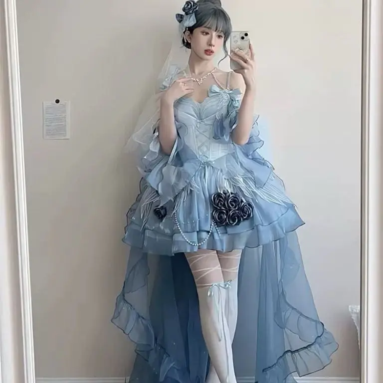 Sweet Sky Blue Short Rose Wedding Dress Snake Year Lolita Tail Puffy Escape Summer