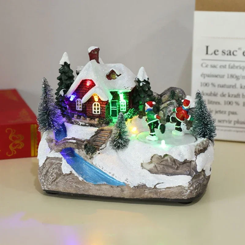 Casas pueblo navideñas con movimiento iluminación, figuras resina, bolas nieve, figuras decorativas para casa, y